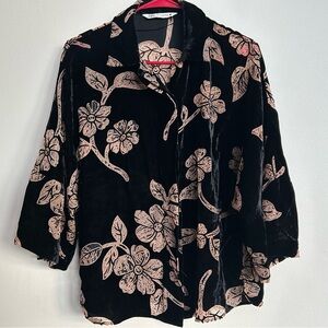 Zara Black Burnout Velvet Button Up Blouse